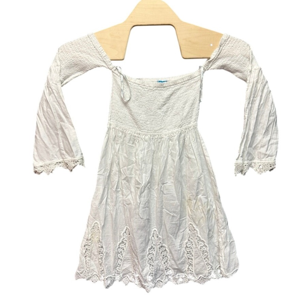 Blue Island White Cotton Smocked Lace Trim Off Shoulder Peasant Top Medium